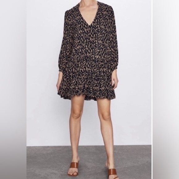 Zara The Claris Dress Leopard Print Black Tan - Women’s Babydoll Ruffle Large - Picture 1 of 11